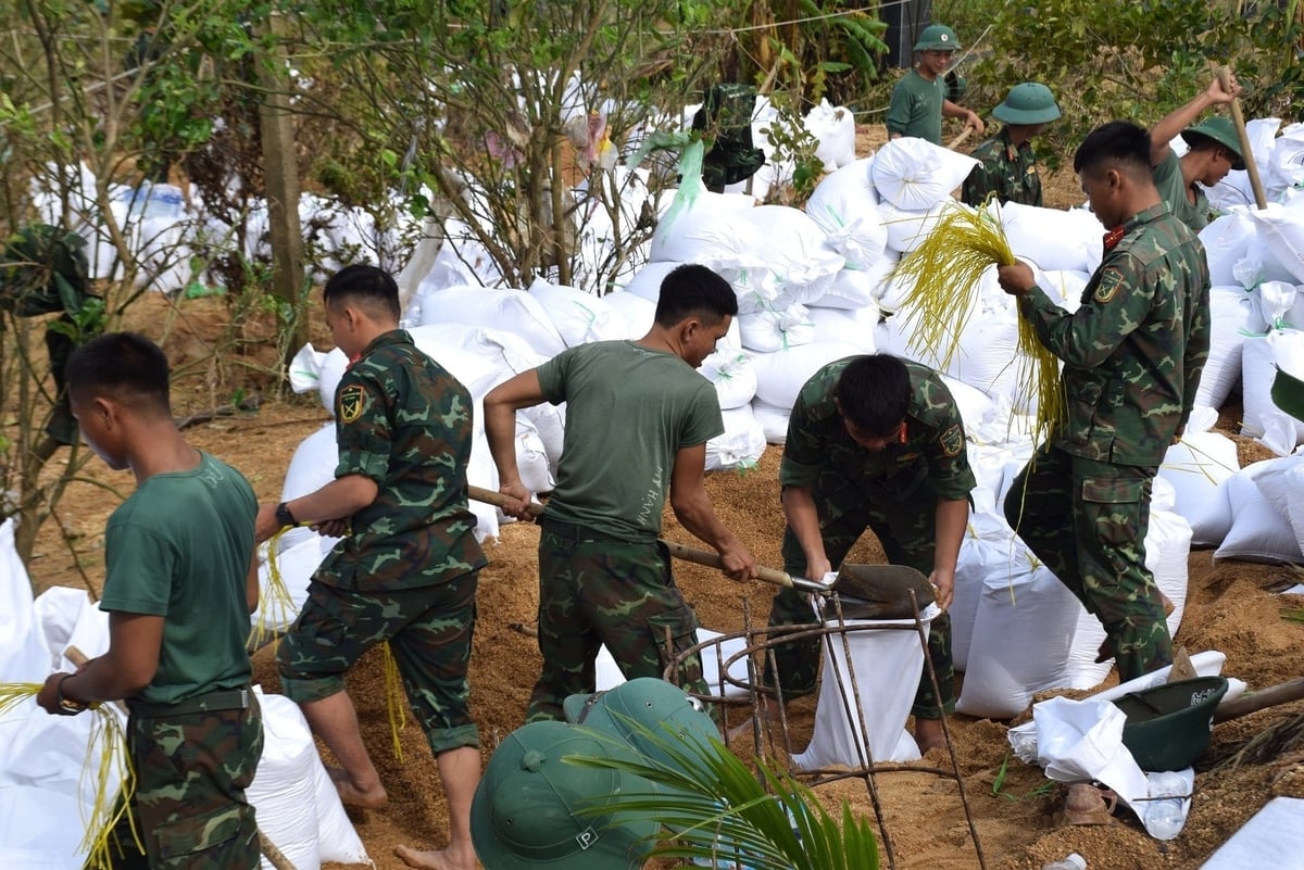 70 cán bộ, chiến sĩ Lữ đoàn Pháo - Phòng không 573 (Quân khu 5) giúp địa phương gia cố đê Luật Lễ. Ảnh: V.Đ.T.