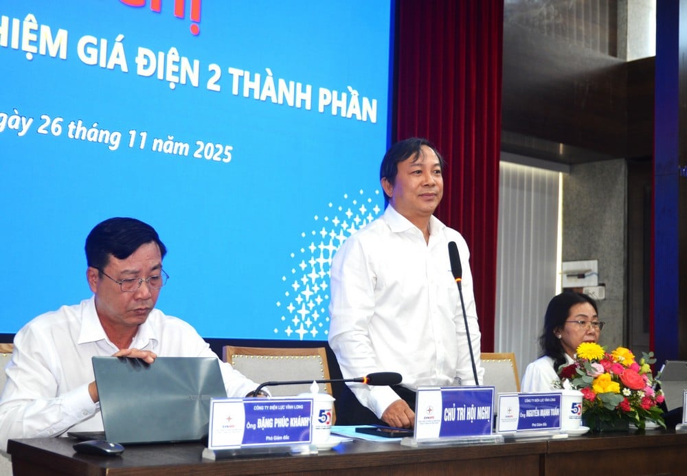 លោក Nguyen Manh Tuan នាយករងក្រុមហ៊ុនអគ្គិសនី Vinh Long ថ្លែងក្នុងសន្និសីទ។