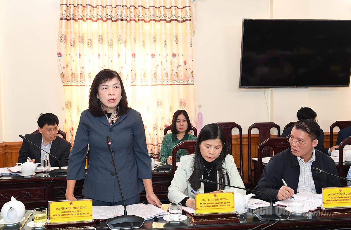 អនុប្រធានក្រុមប្រឹក្សាប្រជាជនខេត្ត Pham Thi Minh Xuan ថ្លែងមតិក្នុងកិច្ចប្រជុំ។