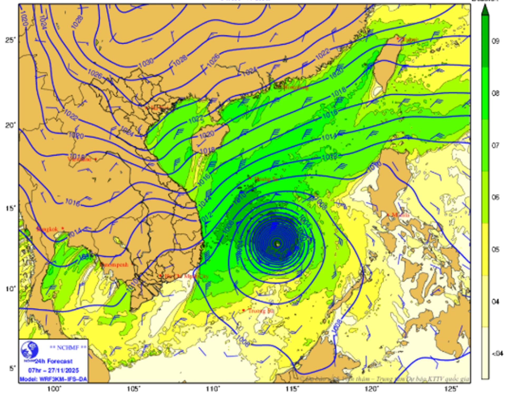 ແຜນທີ່, ພະຍາກອນອາກາດມີລົມພັດແຮງ ເວລາ 7 ໂມງເຊົ້າຂອງວັນທີ 27 ພະຈິກ.