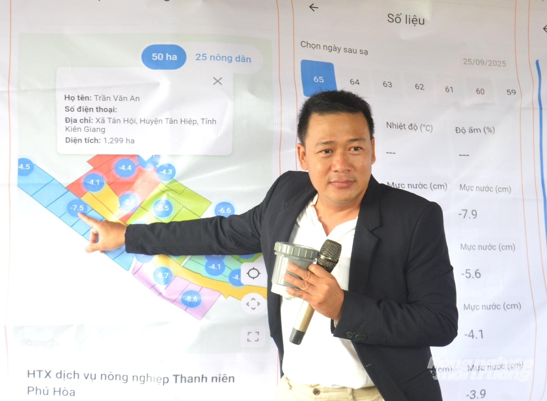 Ông Trần Đức Hải Du, Giám đốc Công ty TNHH LuaGPT giải thích hoạt động của hệ thống cảm biến AWD kết hợp AI giúp tăng độ chính xác và giảm nhân lực đo đạc thủ công. Ảnh: Trung Chánh.