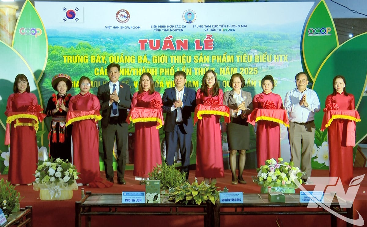 Delegados cortam a fita para inaugurar o mercado online chothainguyen.vn.