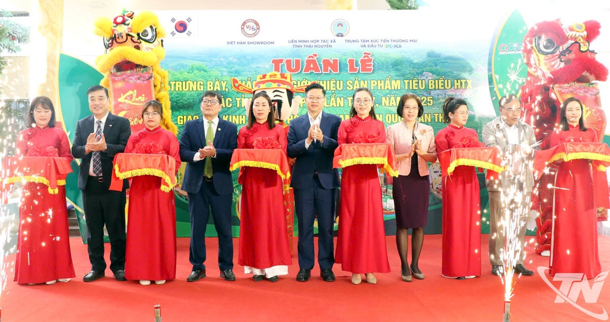 Les délégués ont coupé le ruban inaugural de la 7e Semaine d'exposition, de promotion et de présentation des produits typiques des provinces et des villes en 2025 et du 2e Forum économique et culturel Vietnam-Corée