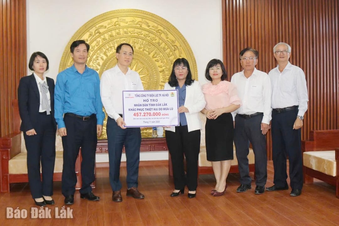 A camarada Ho Thi Nguyen Thao, membro do Comitê Permanente do Partido Provincial e vice-presidente permanente do Comitê Popular Provincial, recebeu apoio financeiro da Companhia de Eletricidade de Hanói.