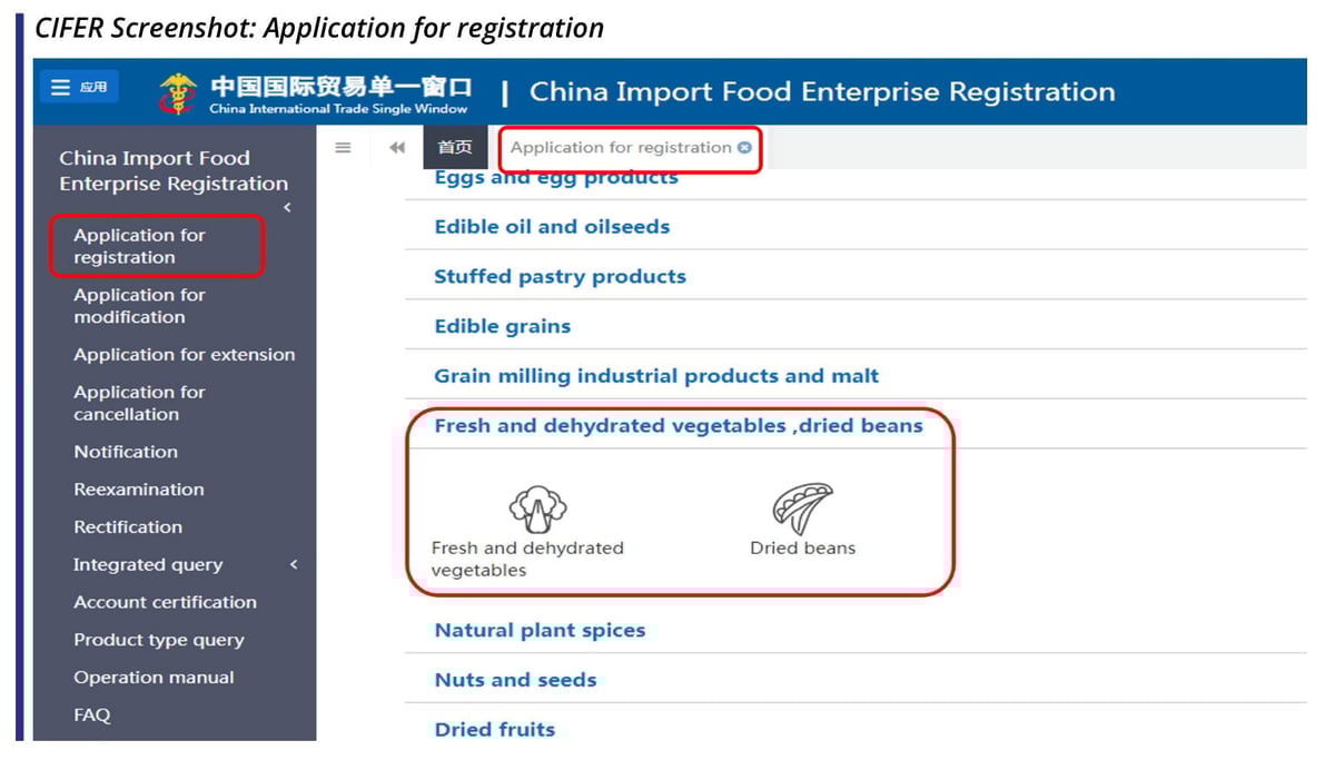 Thủ tục đăng ký cho doanh nghiệp xuất khẩu vào Trung Quốc trên cổng CIFER. Ảnh: GACC.