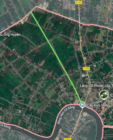 A javasolt új útvonal referenciatérképe Duc Hoa községben műholdas térképen.