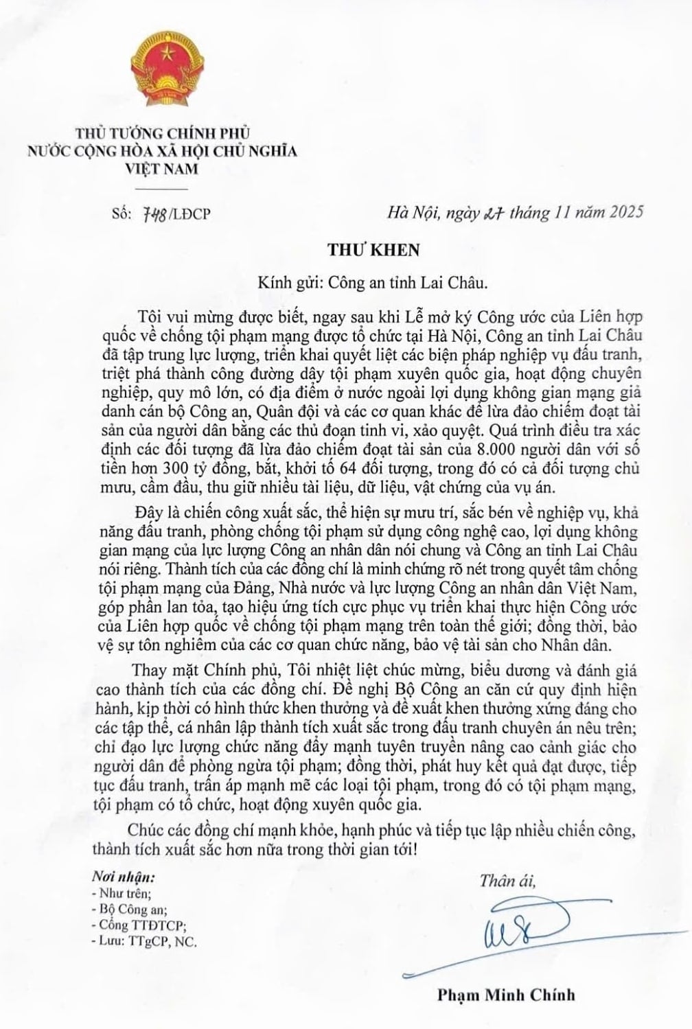 Lá thư khen của Thủ tướng Phạm Minh Chính gửi Công an tỉnh Lai Châu. Ảnh: Công an tỉnh Lai Châu. 