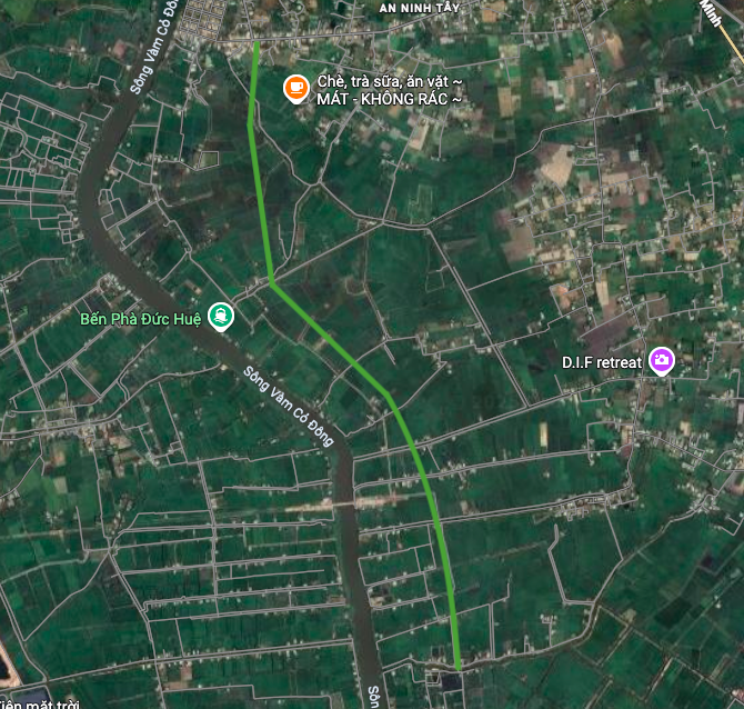 Illustratives Diagramm auf Google Maps der vorgeschlagenen Route entlang des Flusses Vam Co Dong in der Gemeinde An Ninh.