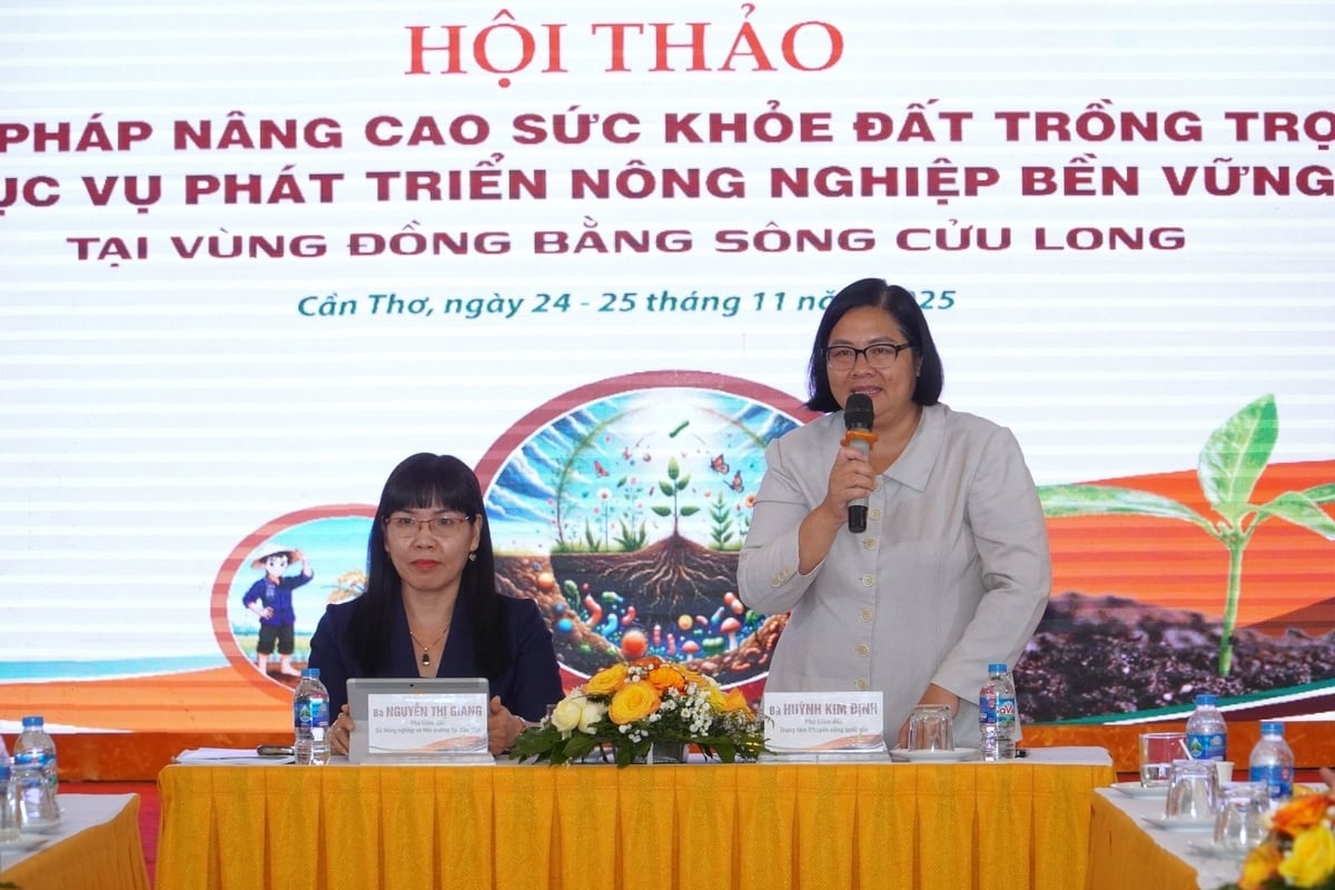 גב' הוין קים דין - סגנית מנהלת המרכז הלאומי להרחבת חקלאות (בעמידה) הנחתה את תוכן הדיון בסדנה. צילום: קים אן. Bà Huỳnh Kim Định - Phó Giám đốc Trung tâm Khuyến nông Quốc (đứng) gia định hướng nội dung trao đổi tại hội thảo. Ảnh: Kim Anh.