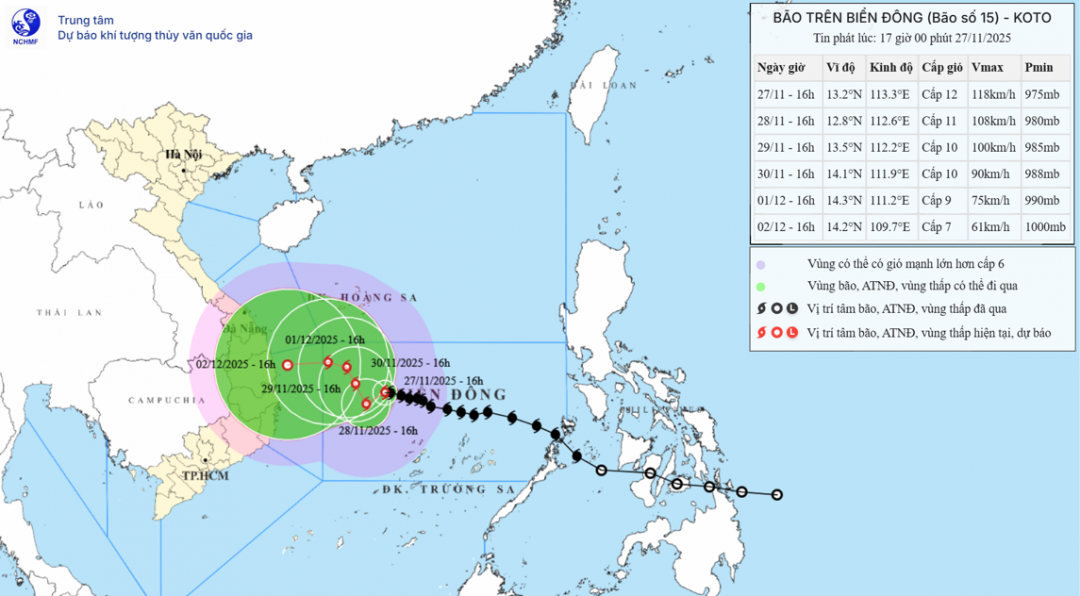 27 Kasım 2025 saat 17:00'de yayınlanan 15 numaralı fırtınanın yörüngesi ve yoğunluğuna ilişkin tahmin haritası