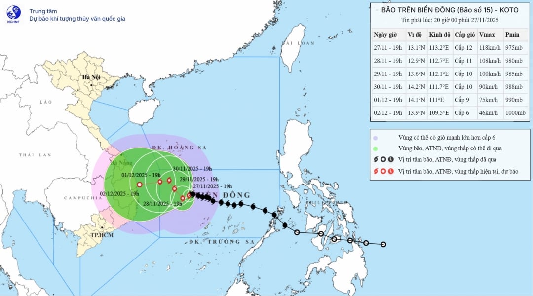 Forecast map of storm No. 15's trajectory and intensity issued at 8:00 p.m. on November 27, 2025.