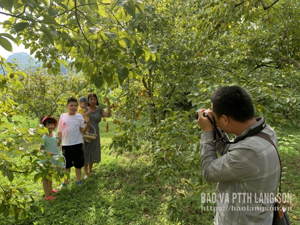 Herr Hoang Vu, eier av Son Thuy homestay i Huu Lien turistlandsby, tar bilder for turister.
