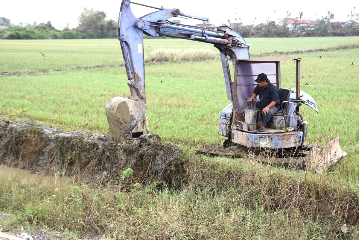तुई फुओक बाक कम्यून 2025-2026 की शीत-वसंत फ़सल के लिए पानी की आपूर्ति हेतु समय पर गाद से भरी अंतर्-खेत नहरों की मरम्मत के लिए मशीनरी का उपयोग कर रहा है। फोटो: वी.डी.टी. Xã Tuy Phước Bắc dùng cơ giới khắc phục kênh mương nội đồng bị sa bồi để kịp phục vụ dẫn nước tới vụ đông xuân 2025-2026. Ảnh: V.Đ.T.