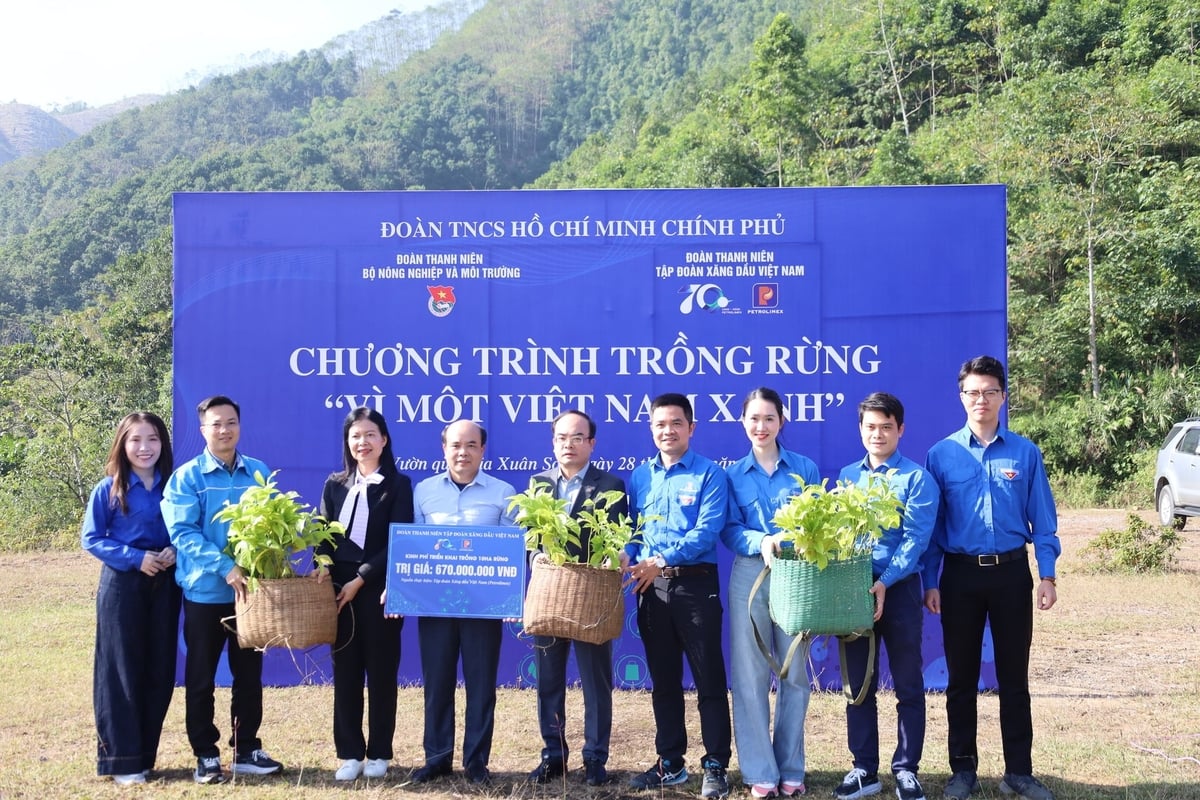 ভিয়েতনাম ন্যাশনাল পেট্রোলিয়াম গ্রুপের ডেপুটি জেনারেল ডিরেক্টর (ডানদিকে দাঁড়িয়ে) মিঃ নগুয়েন সি কুওং, জুয়ান সন ন্যাশনাল পার্কের একজন প্রতিনিধিকে বন রোপণের একটি প্রতীকী চিহ্ন এবং দুটি ইউনিটের যুব ইউনিয়নের সদস্যদের জন্য গাছের চারা উপহার দেন। ছবি: হং নগোক। Ông Nguyễn Sỹ Cường, Phó Tổng giám đốc Tập đoàn Xăng dầu Việt Nam (đứng bên phải), trao biển tượng trưng trồng rừng cho đại diện Vườn Quốc gia Xuân Sơn, cùng các suất cây giống dành cho đoàn viên thanh niên hai đơn vị. Ảnh: Hồng Ngọc.
