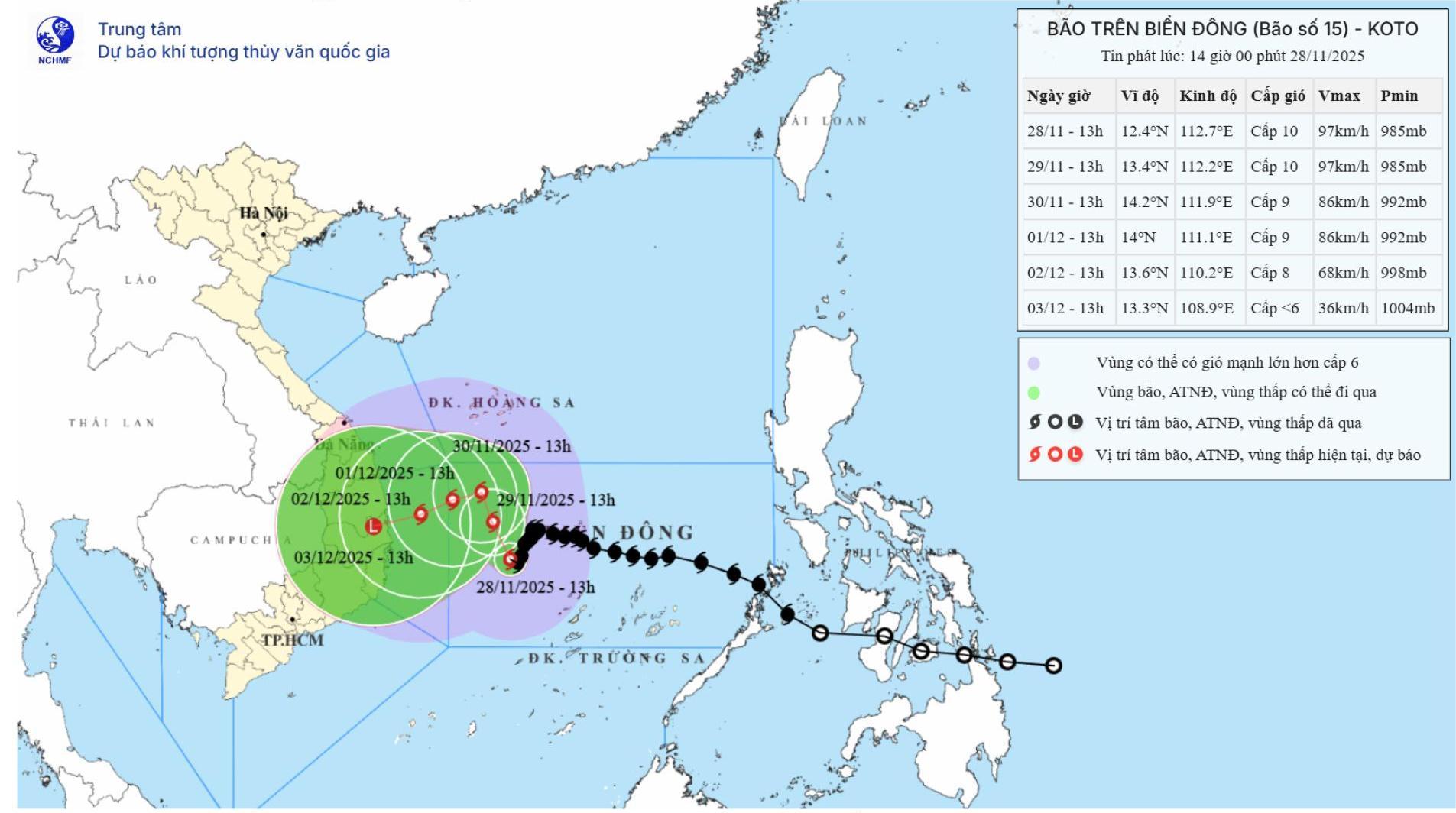 A 15-ös vihar pályájának és intenzitásának előrejelzési térképét 2025. november 28-án, 14:00-kor tették közzé.
