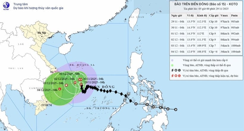 Vị trí và đường đi của bão số 15. (Nguồn: Trung tâm Dự báo Khí tượng Thủy văn Quốc gia)