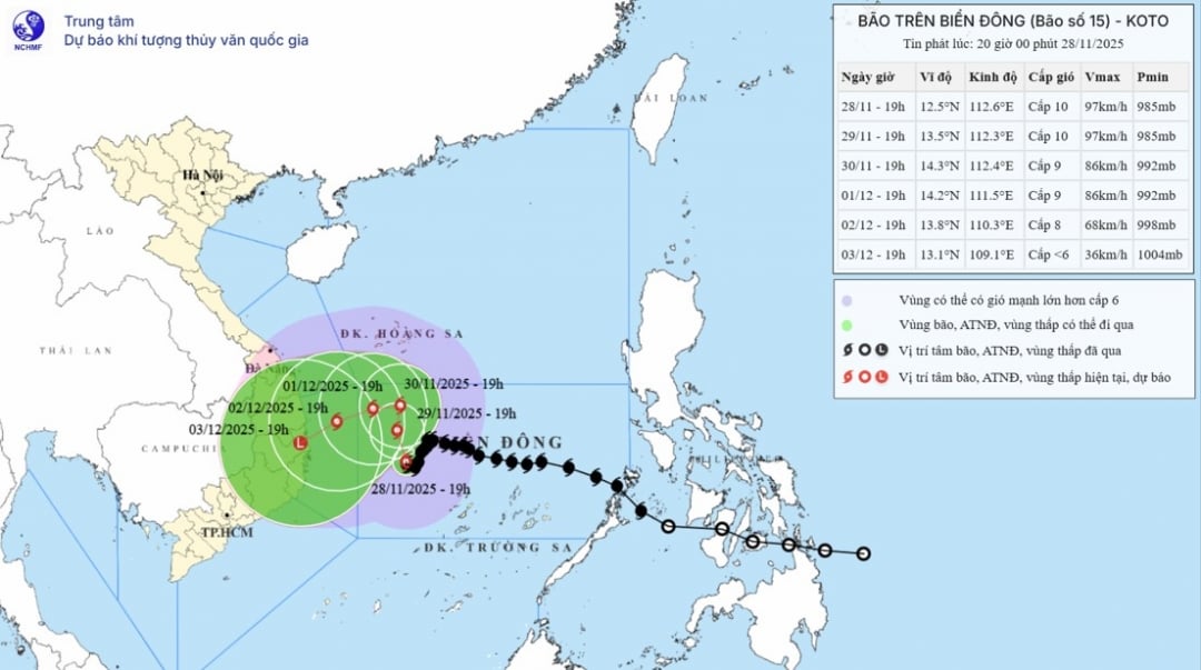 2025년 11월 28일 오후 8시에 발표된 15호 폭풍의 경로와 강도에 대한 예보 지도입니다.