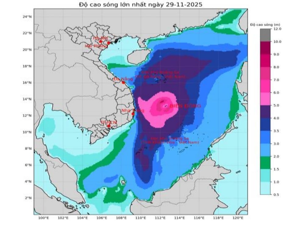 Dự báo độ cao sóng lớn nhất trên biển trong ngày 29/11. Ảnh: NCHMF.
