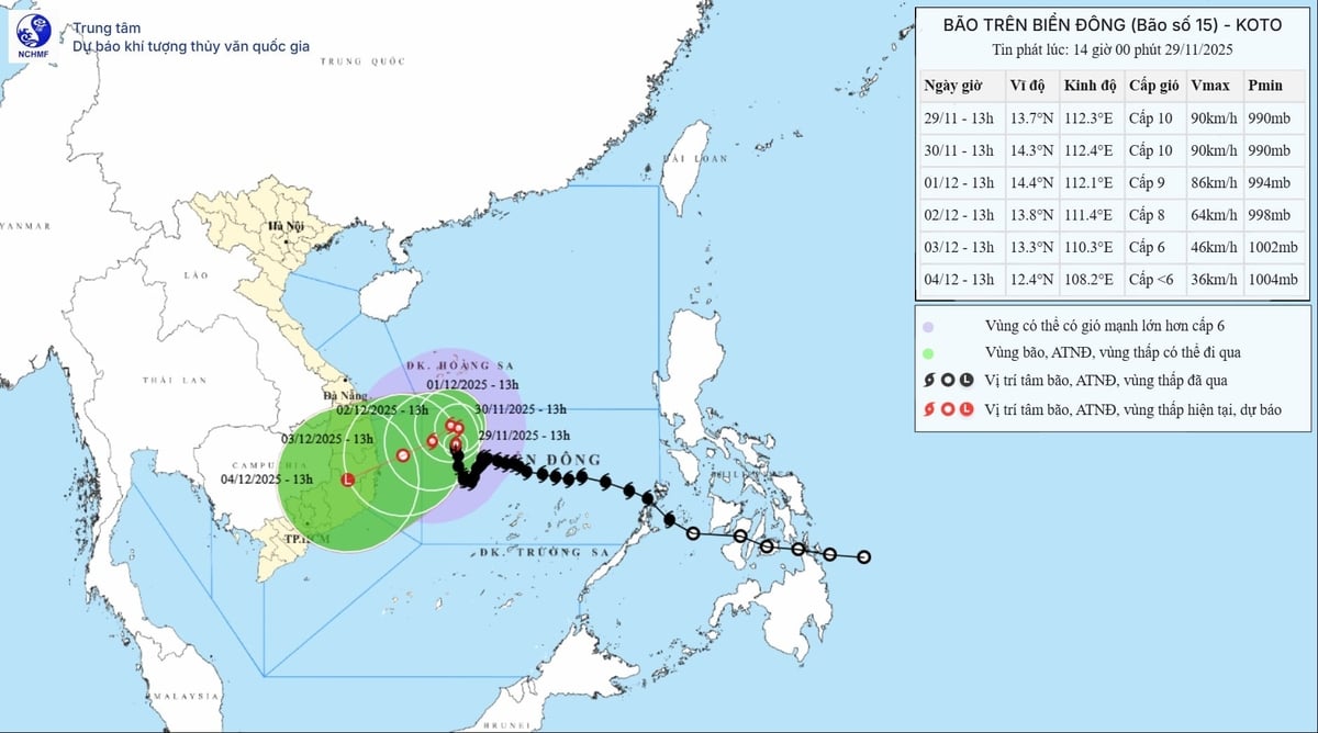 Carte prévisionnelle de la trajectoire de la tempête n° 15 à 14 h le 29 novembre. Photo : NCHMF. Bản đồ dự báo hướng đi của cơn bão số 15 tính đến 14 giờ ngày 29/11. Ảnh: NCHMF.