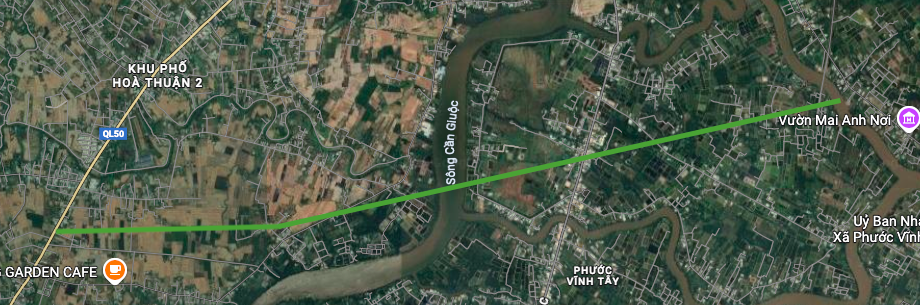 Podrobná mapa trasy okruhu 4 přes obec Phuoc Vinh Tay na satelitní mapě.