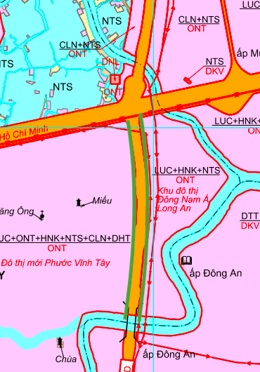 Plánovací mapa provinční silnice 826D procházející obec Phuoc Vinh Tay, okres Can Giuoc.