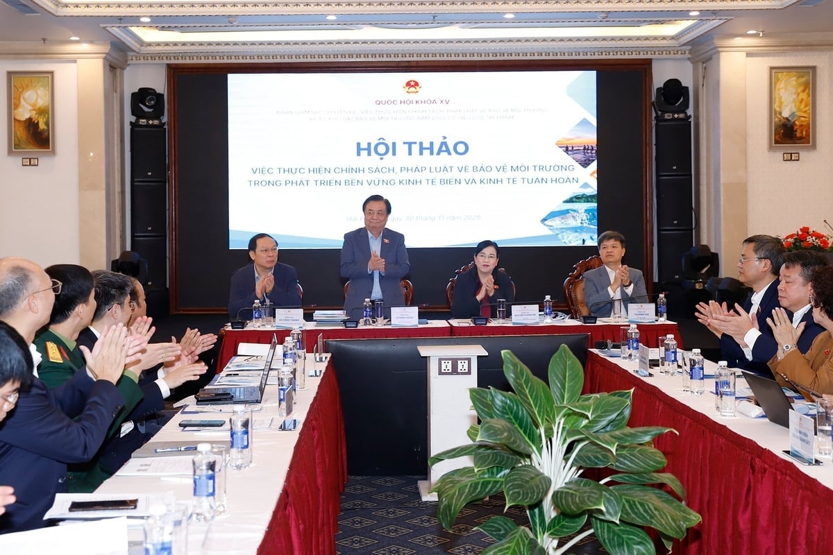 Phó Chủ tịch Quốc hội Lê Minh Hoan chủ trì Hội thảo 'Thực hiện chính sách, pháp luật về bảo vệ môi trường trong phát triển bền vững kinh tế biển và kinh tế tuần hoàn'. Ảnh: Khương Trung.