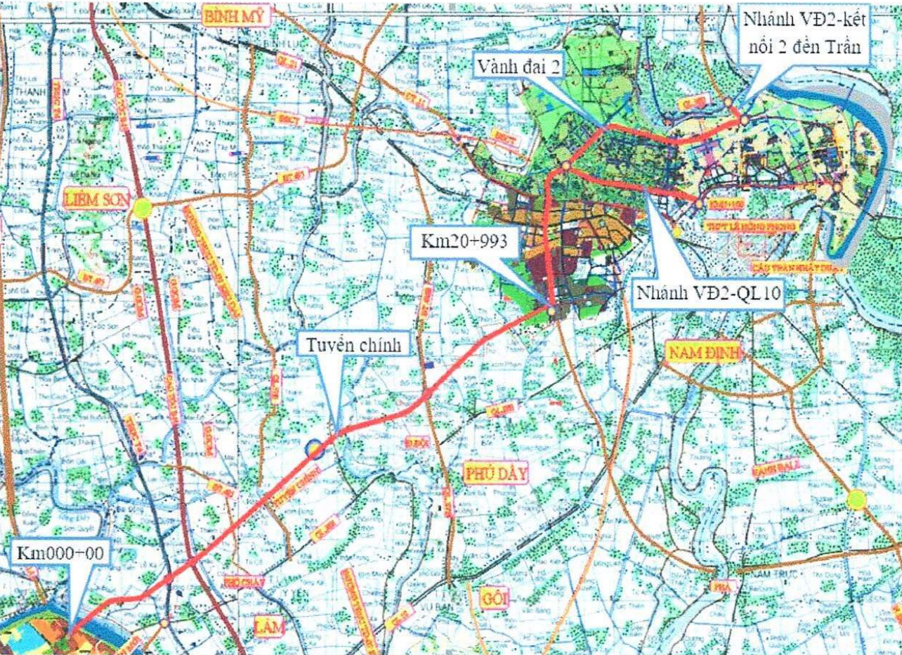 Mapa planowania dynamicznej trasy osi Hoa Lu - Nam Dinh.