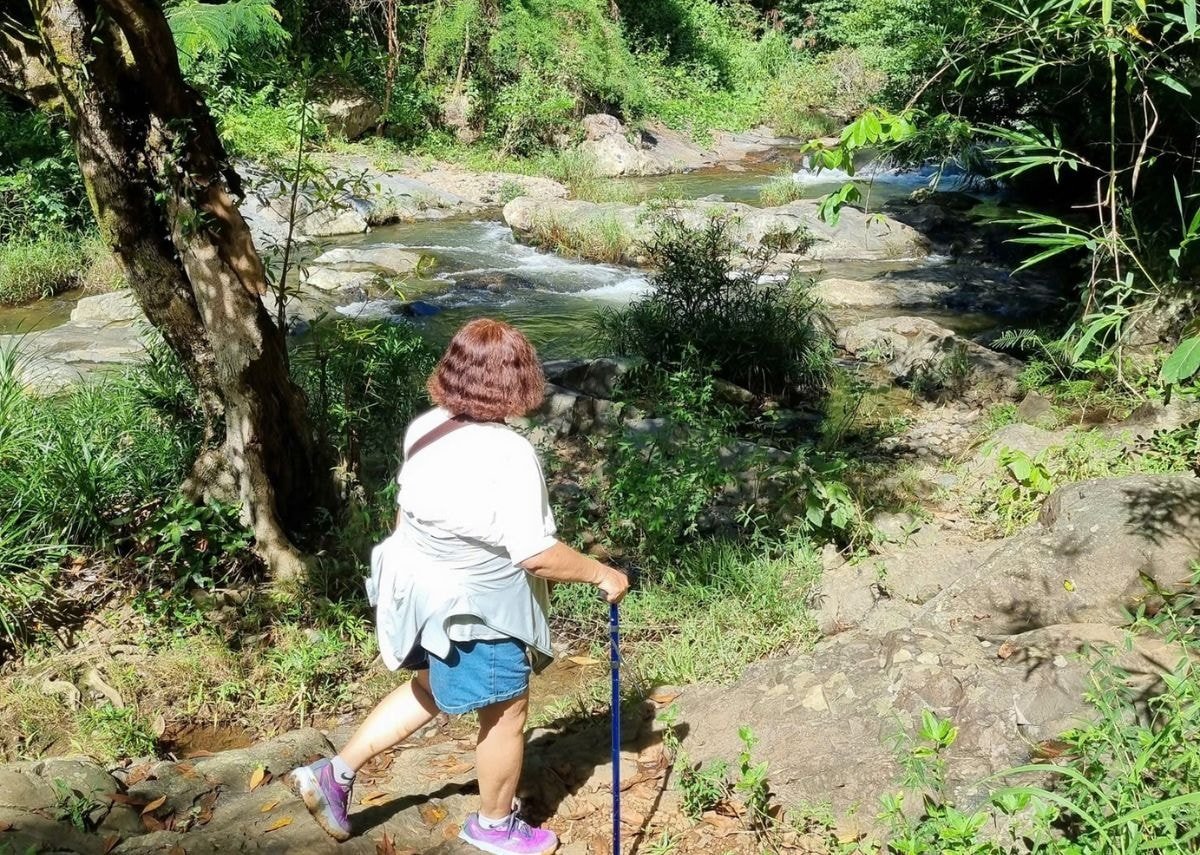 Du khách đi bộ trên con đường mòn xuyên rừng để đến thác Chapơr.