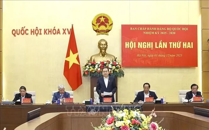 Chủ tịch Quốc hội Trần Thanh Mẫn chủ trì Hội nghị lần thứ hai Ban Chấp hành Đảng bộ Quốc hội nhiệm kỳ 2025-2030. Ảnh: Doãn Tấn/TTXVN