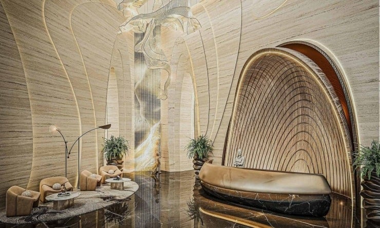 Pokoje o minimalistycznym wystroju i widoku na miasto Dubaj.