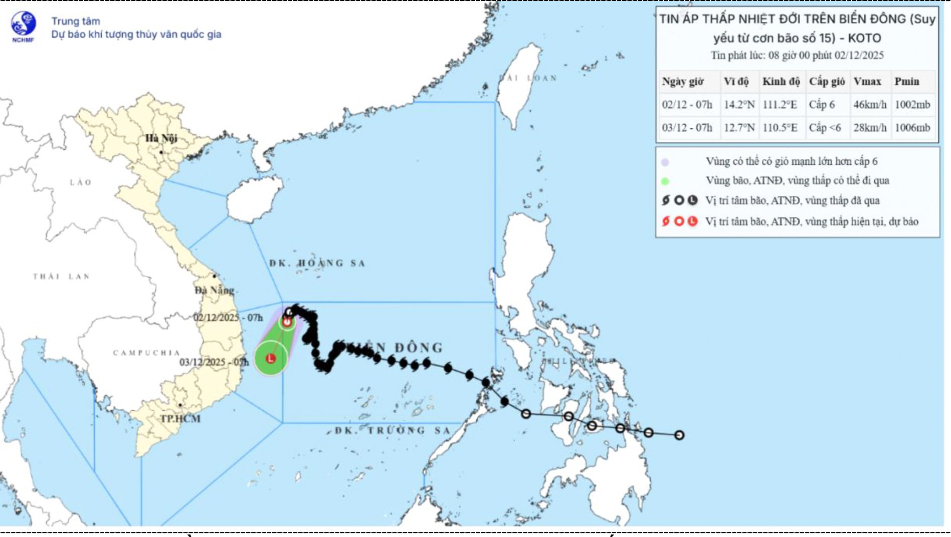 Mapa de pronóstico de trayectoria e intensidad de depresión tropical emitido a las 8:00 a.m. del 2 de diciembre de 2025.