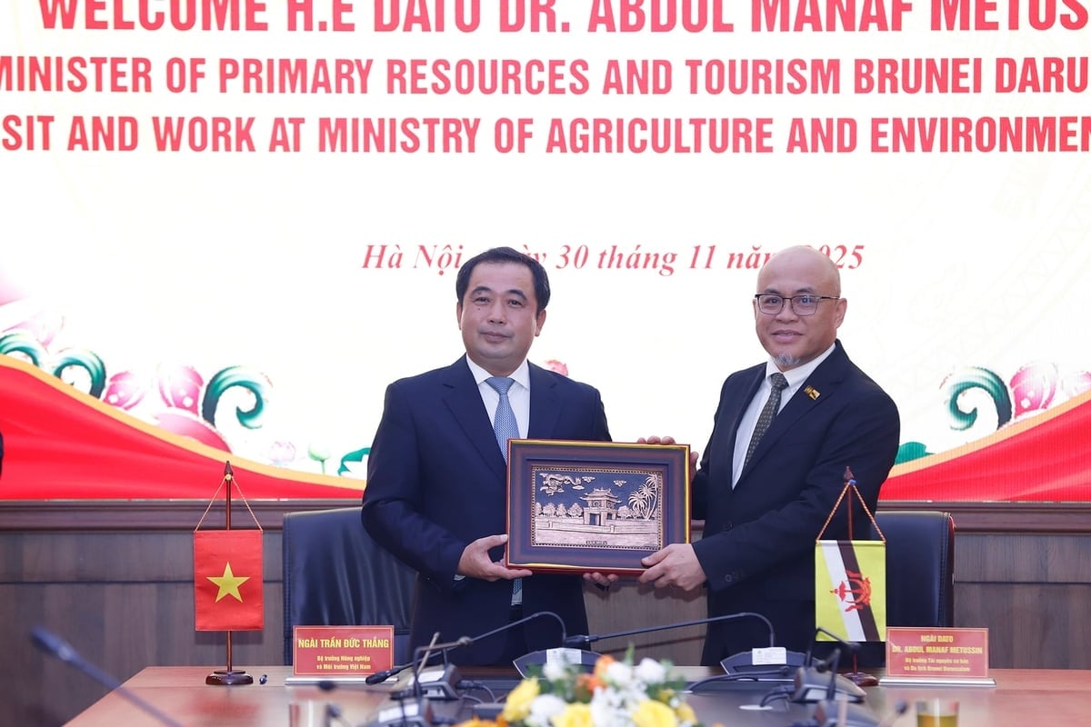 Bộ trưởng Trần Đức Thắng trao quà lưu niệm tới Bộ trưởng Tài nguyên cơ bản và Du lịch Brunei Darussalam Dato DR. Abdul Manaf Metussin trong buổi làm việc với Bộ Nông nghiệp và Môi trường. Ảnh: Khương Trung.