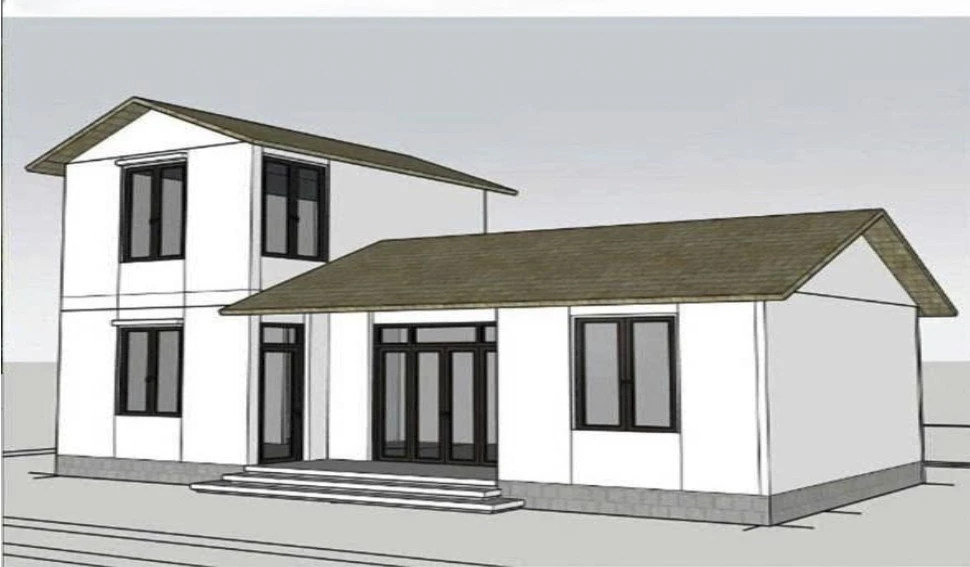 Perspektiv på en husmodell föreslagen av Byggdepartementet.