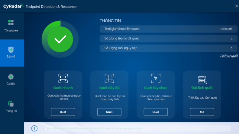 CyRadar EDR's malware scan screen displays scan time, number of files checked, and scan modes such as quick scan, full scan, custom scan, and scheduled scan.