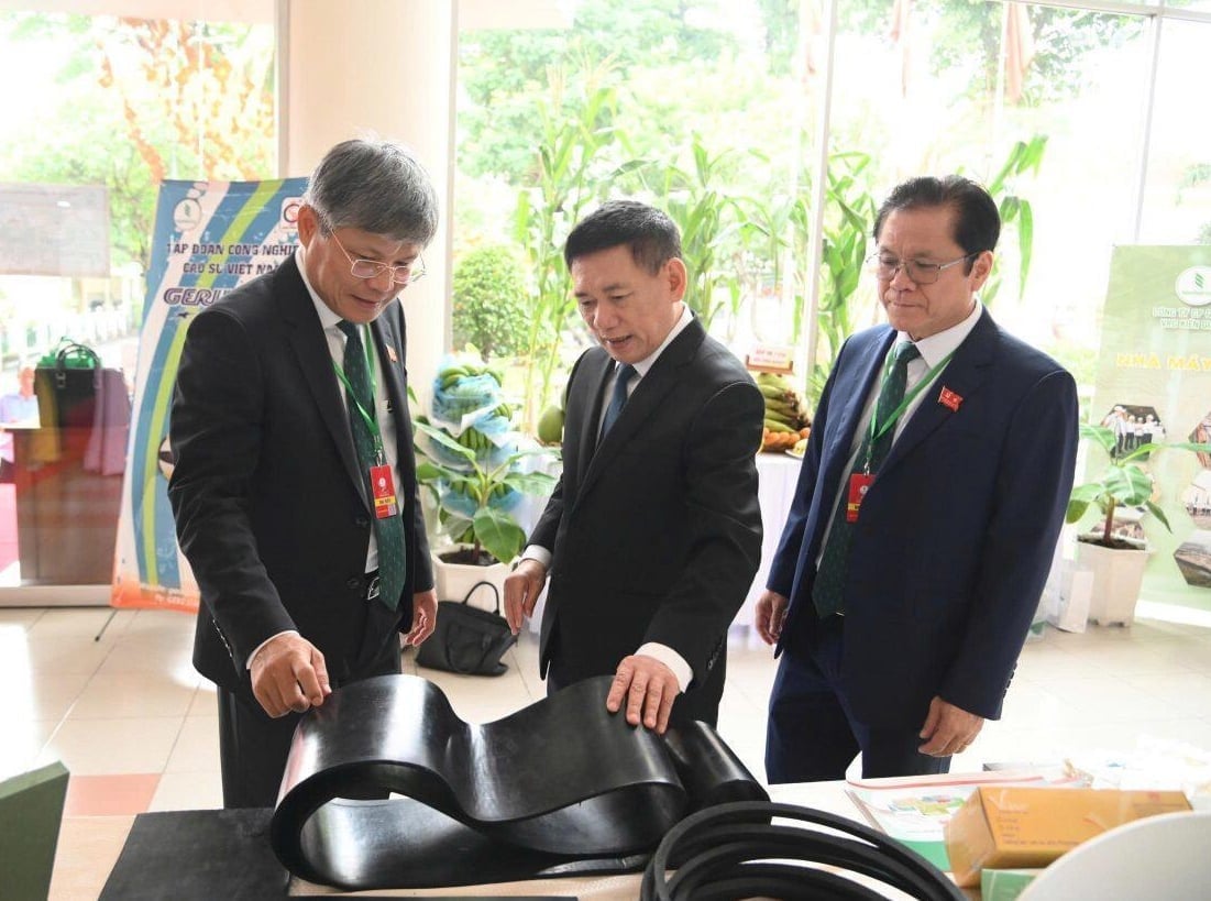 Vicepremier Ho Duc Phoc (midden) bezoekt de rubberindustrieproducten van VRG. Foto: VRG. Phó Thủ tướng Chính phủ Hồ Đức Phớc (giữa) tham quan các sản phẩm công nghiệp cao su của VRG. Ảnh: VRG.