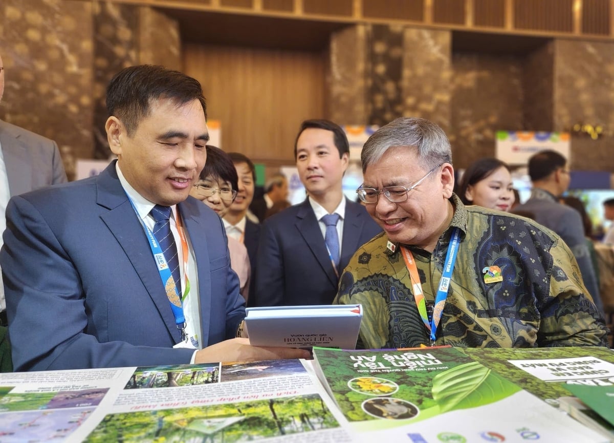 Thứ trưởng Nguyễn Quốc Trị và Tiến sĩ Jerome Montemayor - Giám đốc Điều hành ACB trao đổi về giá trị của các Vườn di sản ASEAN thông qua tài liệu được trưng bày tại triển lãm. Ảnh: Viết Cường.