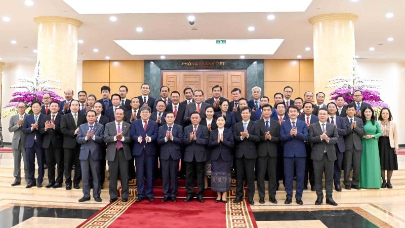 Das ständige Sekretariatsmitglied Tran Cam Tu und die Delegation hochrangiger Funktionäre der Revolutionären Volkspartei von Laos. (Foto: VNA)