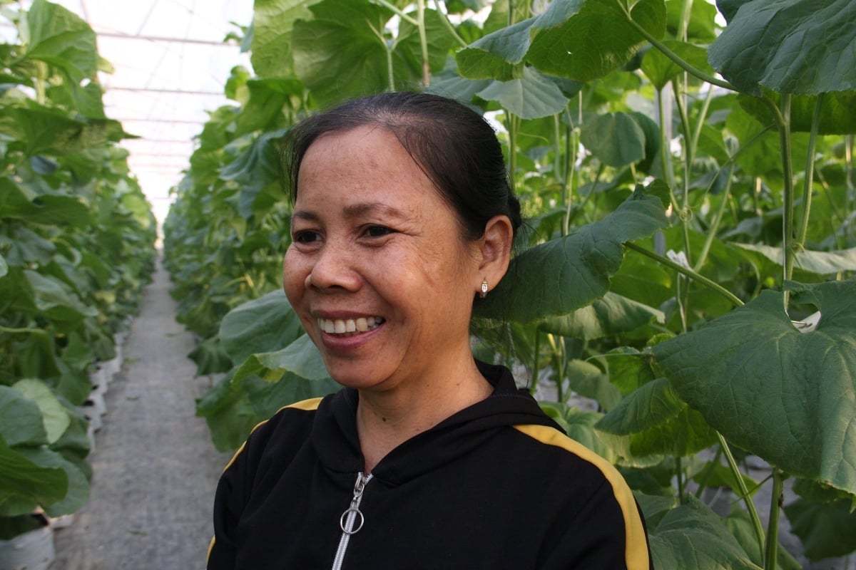 Bà Hoàng Thị Thuận ở thôn Trâm Khê, xã Thượng Hồng vui mừng chia sẻ về những vụ mùa dưa lưới bội thu. Ảnh: Lan Chi.