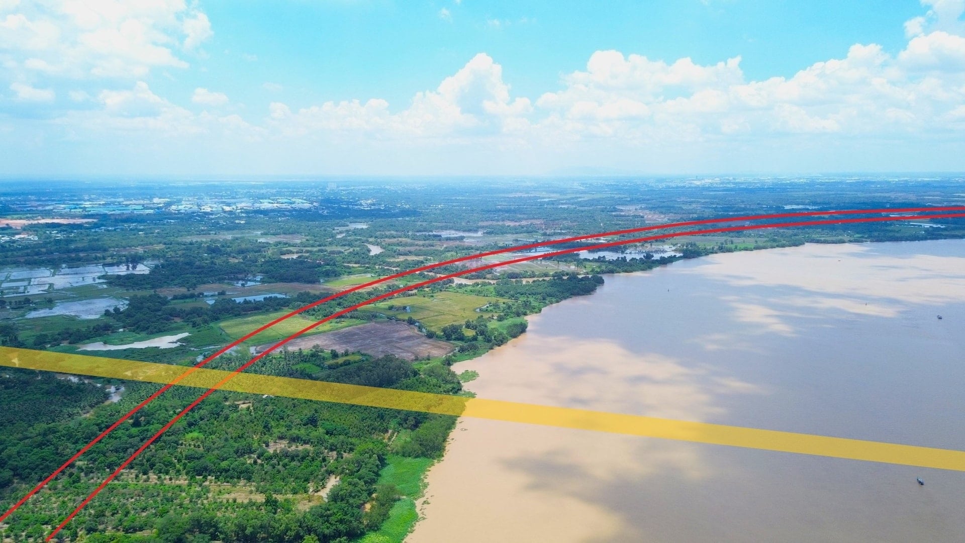 Nylig godkjente også Folkerådet i Dong Nai-provinsen en resolusjon om investeringspolitikken for Huong Lo 2 (strekningen fra riksvei 51 til Ho Chi Minh-byen - Long Thanh - Dau Giay-motorveien) under OPS-metoden, med en total investering på over 5800 milliarder VND. På bildet er de to røde linjene området Huong Lo 2 vil passere gjennom, den gule linjen er Dong Nai 2-broen.