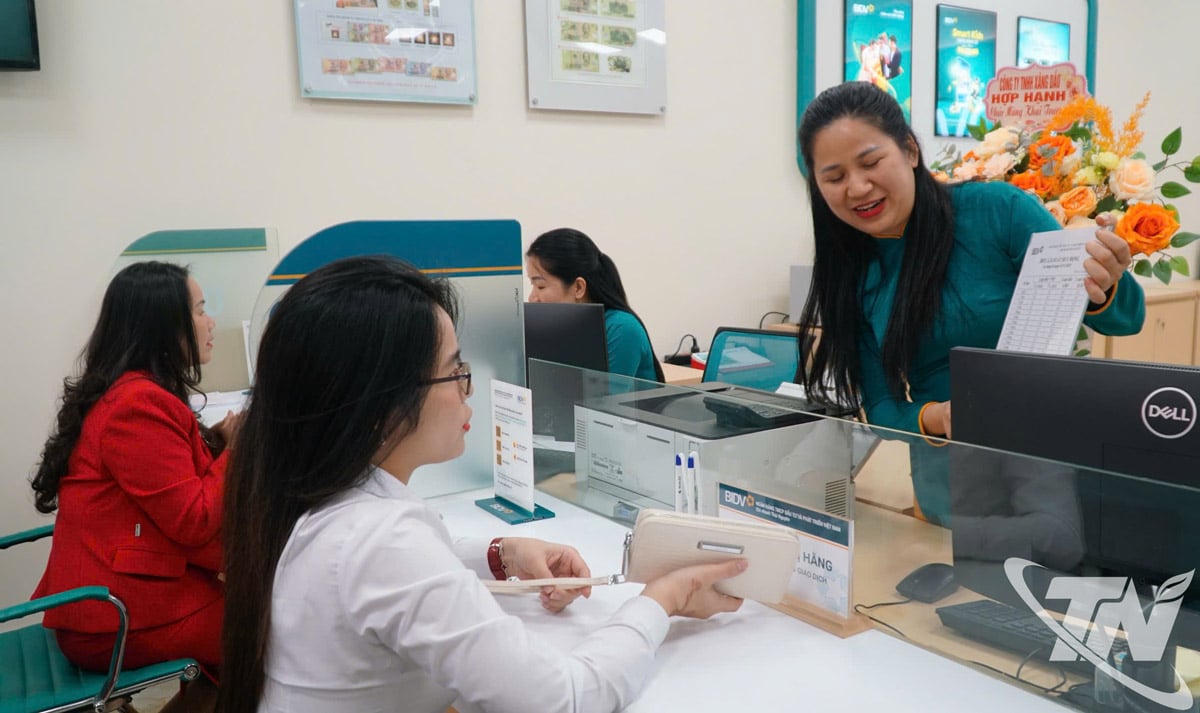 Zaměstnanci transakční kanceláře BIDV Dinh Hoa představují zákazníkům u příležitosti otevření zvýhodněné úvěrové balíčky.