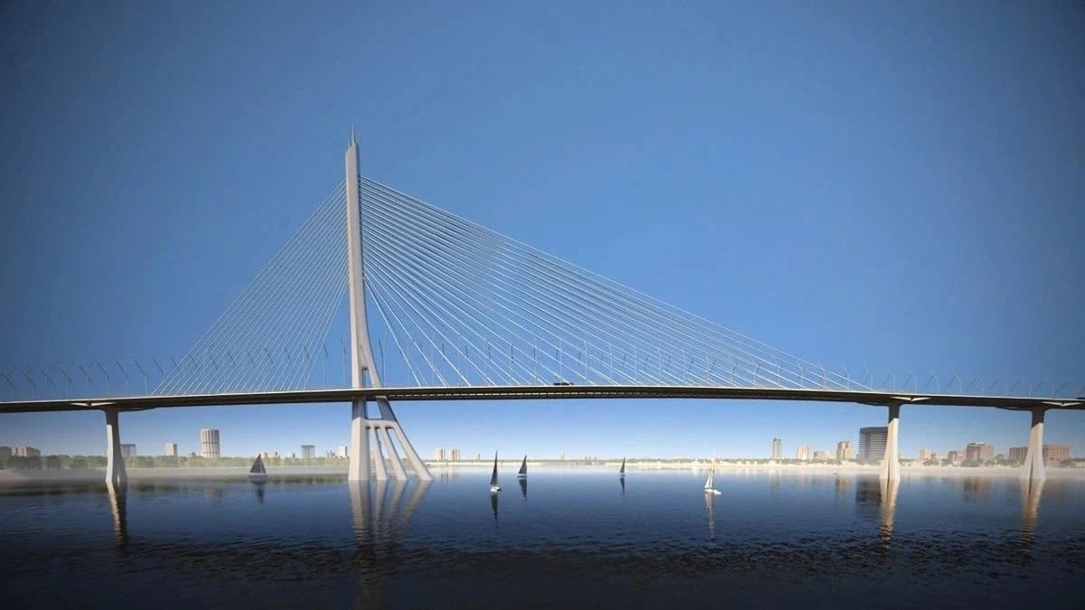 Ontwerpperspectief van het Can Gio-brugproject, gezien van bovenaf, over de Soai Rap-rivier.