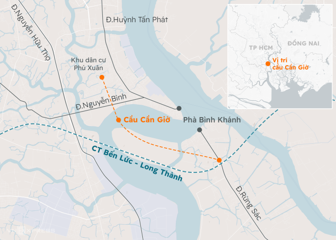 De planningskaart toont de locatie en route van de Can Gio-brug, die de wijken Nha Be en Can Gio met elkaar verbindt.