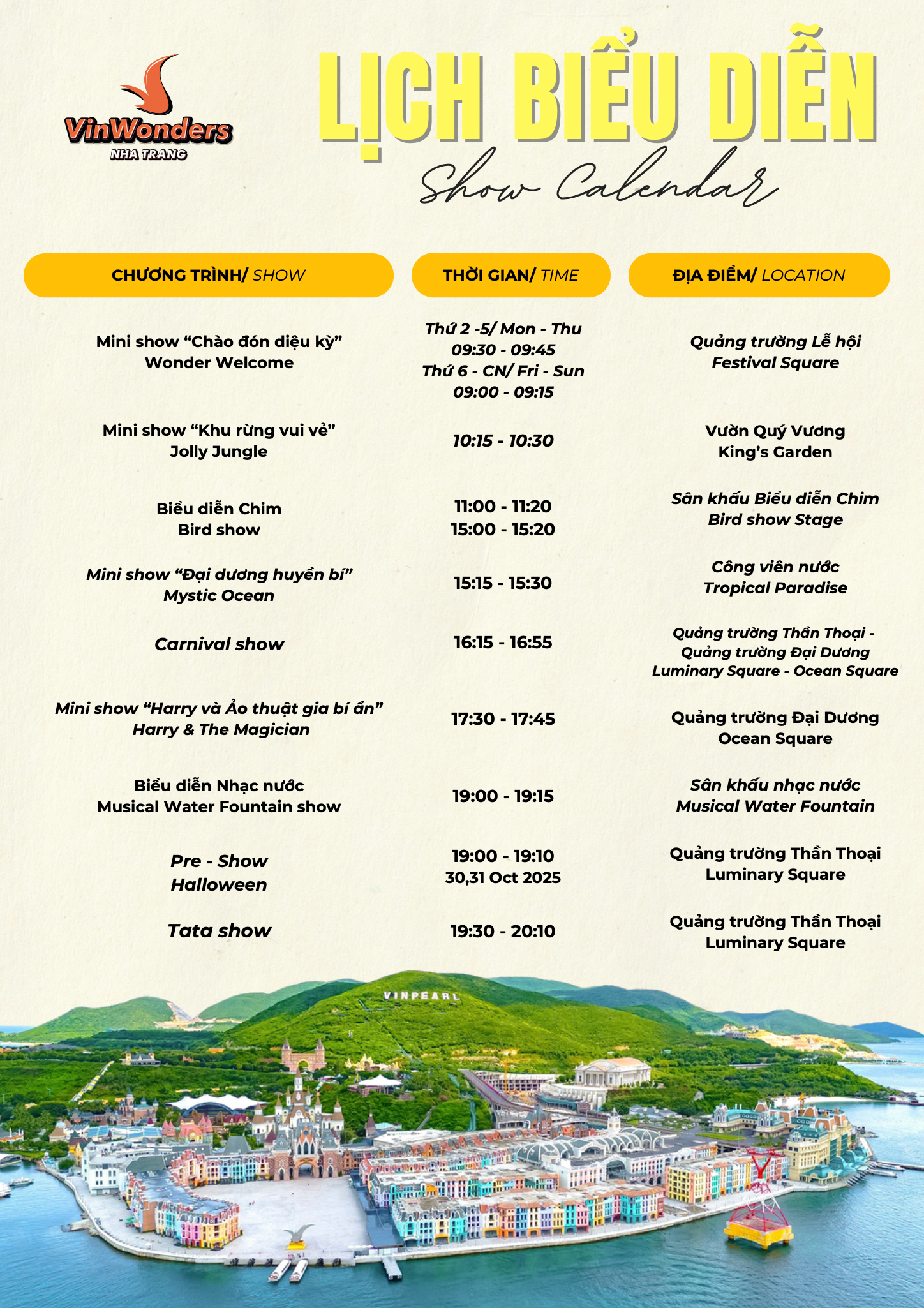 lịch biểu diễn VinWonders Nha Trang