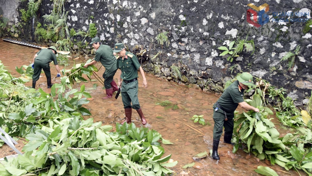 Tjänstemän och medlemmar i veteranföreningen i Hon Mot-kvarteret, Cam Pha-distriktet, städar upp miljön vid Ba Toa-bäcken som rinner genom området.