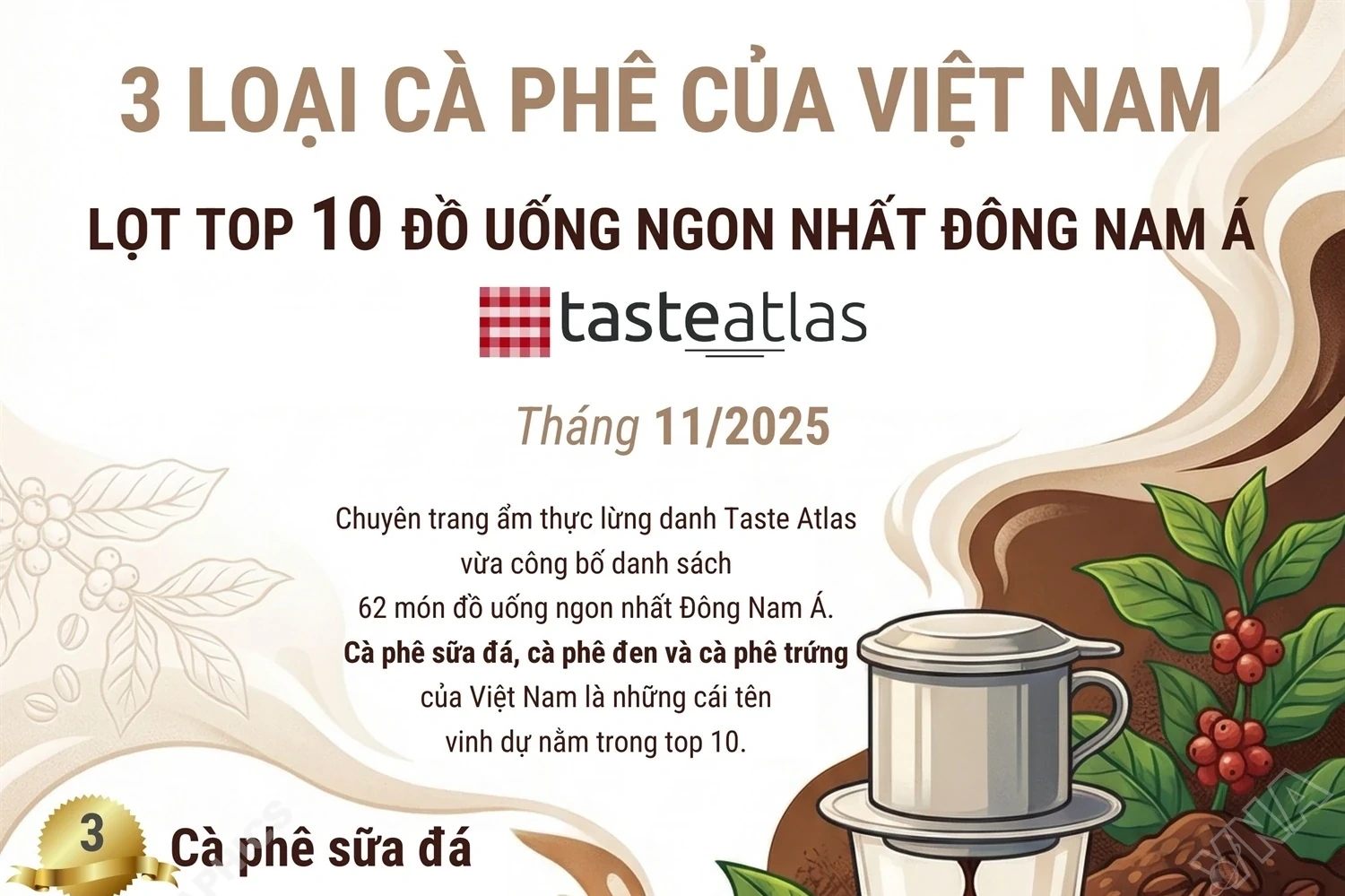 ثلاثة أنواع من القهوة الفيتنامية ضمن أفضل 10 مشروبات في جنوب شرق آسيا