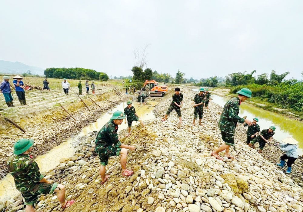 Oficiais e soldados do Regimento de Infantaria 832 ajudaram ativamente os moradores do povoado de Dinh 7, na comuna de Dai Tu, a reforçar e reparar a área afetada pelo deslizamento de terra ao longo da margem do riacho Cai.