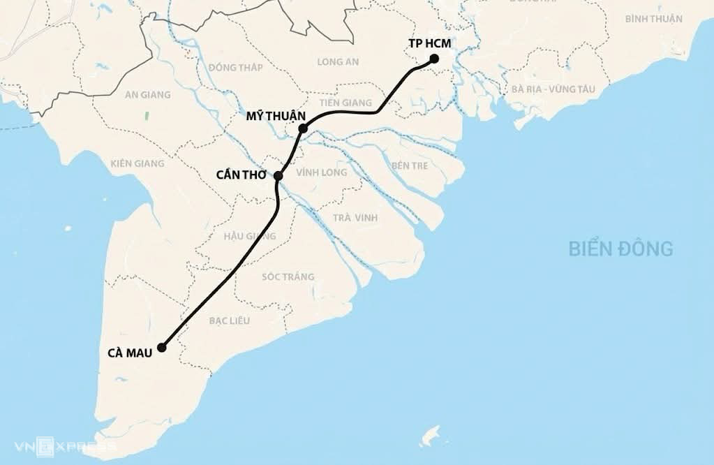 Карта маршрута скоростной автомагистрали Кантхо - Камау, проходящей через 4 провинции на западе.