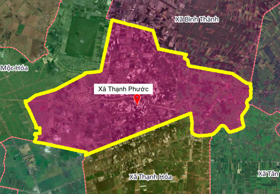 แผนที่แสดงตำแหน่งทางภูมิศาสตร์ของตำบลถั่นเฟื้อก อำเภอถั่นฮว้า จังหวัดล็องอัน