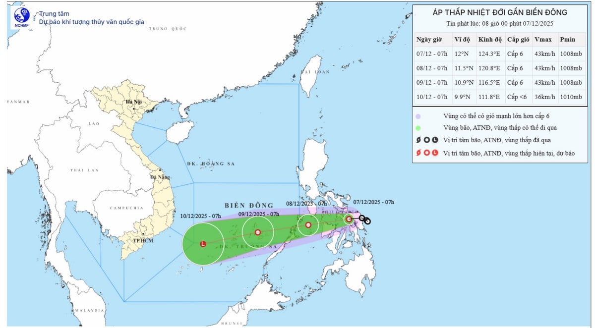 Mapa prognozowanej trajektorii i intensywności depresji tropikalnej wydana o godz. 8:00 rano 7 grudnia 2025 r.