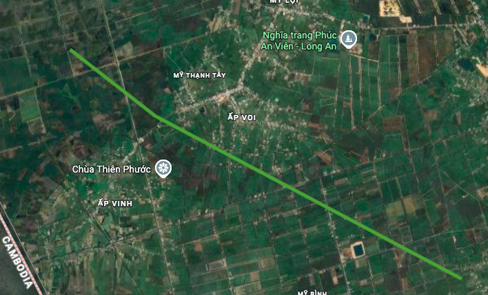 Karta över Luong Hoa-My Quy Tay-vägen på Google Maps satellitbild.